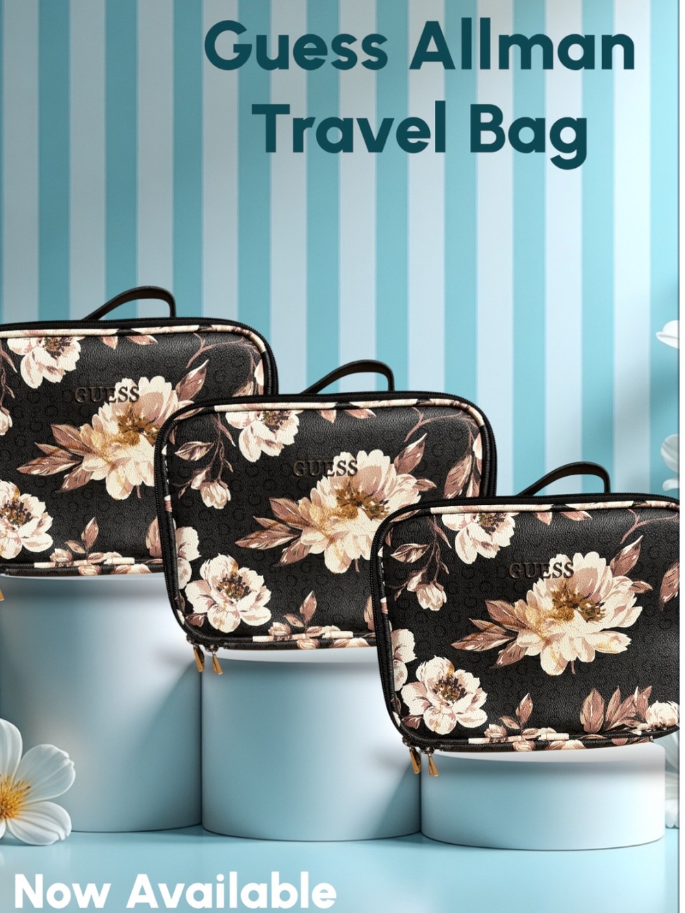 🌼NWT Guess Allman Floral Cosmetic Case in Black/ Brown/ Cream 🌼